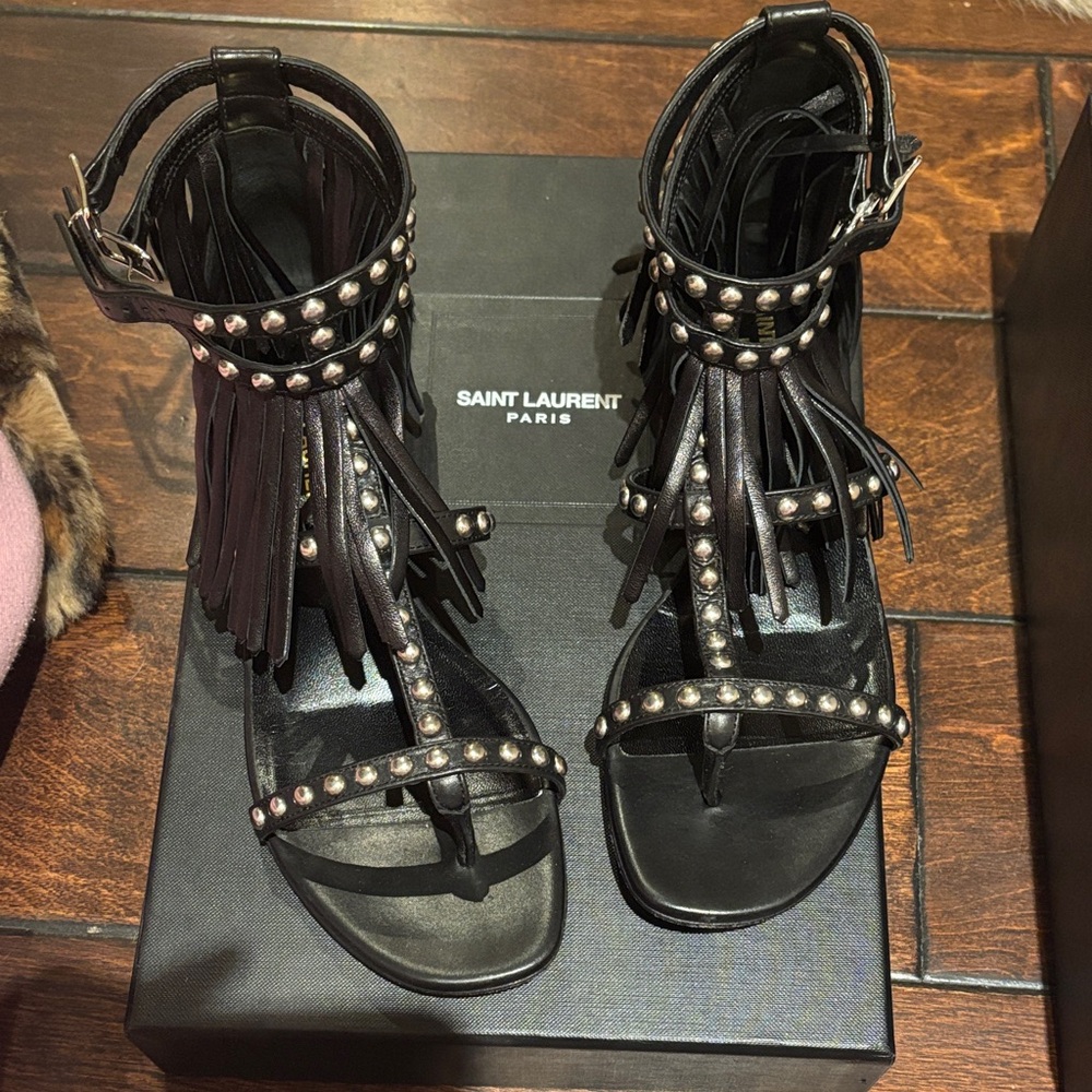 Saint Laurent Black Studded Fringe Gladiator Sandals with Ankle Buckle